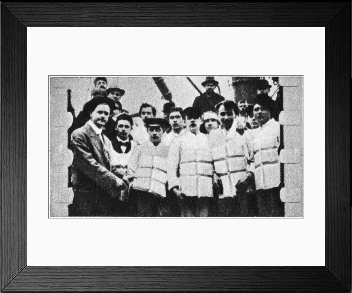 Framed Print : Members of the crew of the Titanic in their life jackets, 1912 Framed Print : Members of the crew of the Titanic in their life jackets, 1912