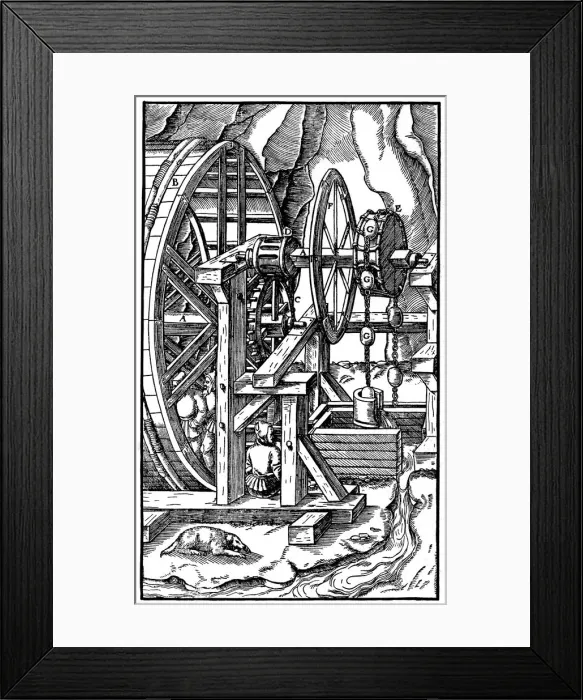 Framed Print : Pump powered by men in a treadmill, 1556 Framed Print : Pump powered by men in a treadmill, 1556