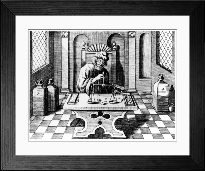 Framed Print : Assayer testing samples of gold and silver, 1683 Framed Print : Assayer testing samples of gold and silver, 1683