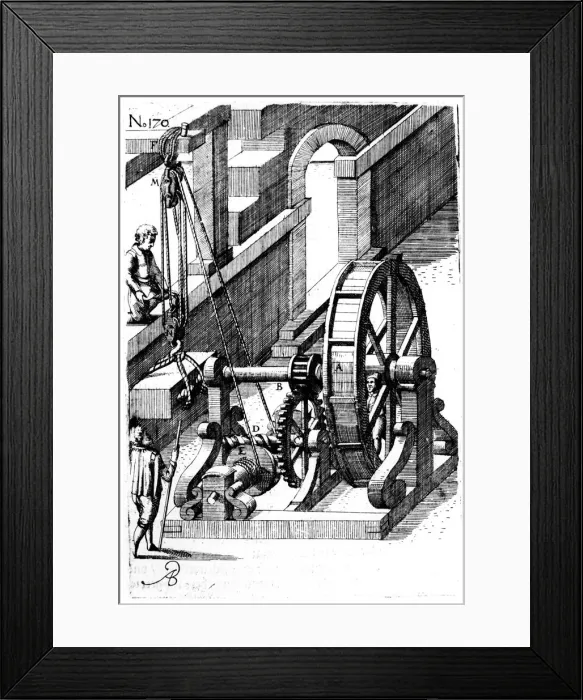 Framed Print : Raising a slab of stone using a block-and-tackle mechanism, 1620 Framed Print : Raising a slab of stone using a block-and-tackle mechanism, 1620