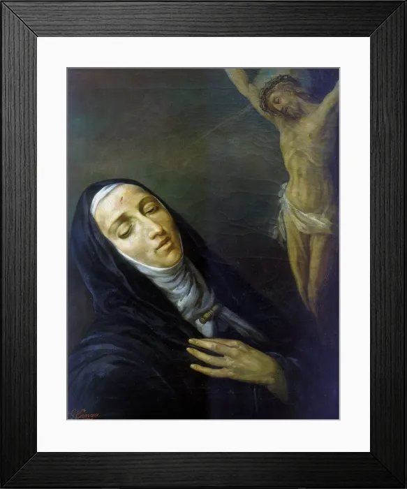 Framed Print : St Rita de Cascia in ecstasy in front of the figure of Christ on the cross, 19th century Framed Print : St Rita de Cascia in ecstasy in front of the figure of Christ on the cross, 19th century