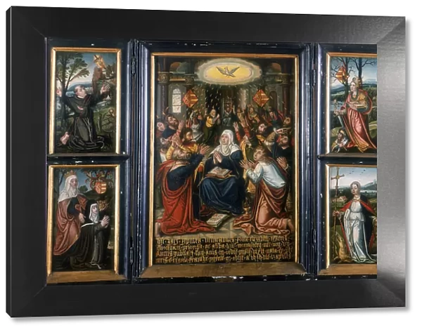 Triptych, with the central panel showing the Holy Spirit at Pentecost
