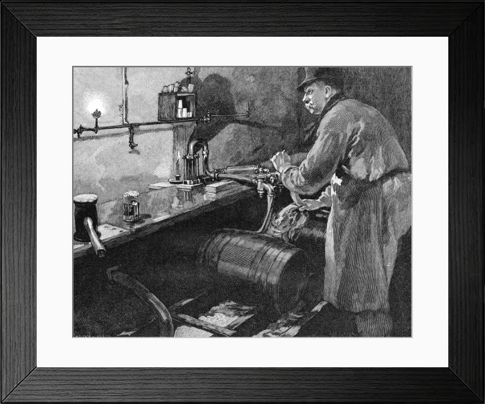Framed Print : Filling beer barrels in an American brewery, 1885 Framed Print : Filling beer barrels in an American brewery, 1885