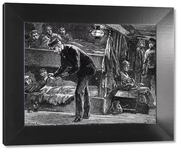 Taking the pulse of a sick Irish emigrant on board ship, (1840s) c1890