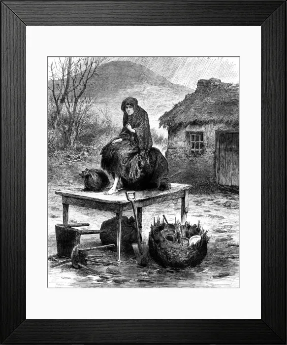 Framed Print : Irish peasant girl guarding the familys last few possessions, 1886 Framed Print : Irish peasant girl guarding the familys last few possessions, 1886