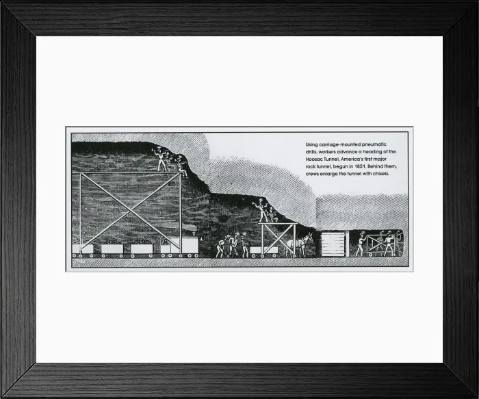 Framed Print : Using carriage-mounted pneumatic drills, workers advance a heading of the Hoosac Tunnel, Americas first major rock tunnel, begun in 1851. Behind them, crews enlarge the tunnel with chisels. [For invoicing purposes]