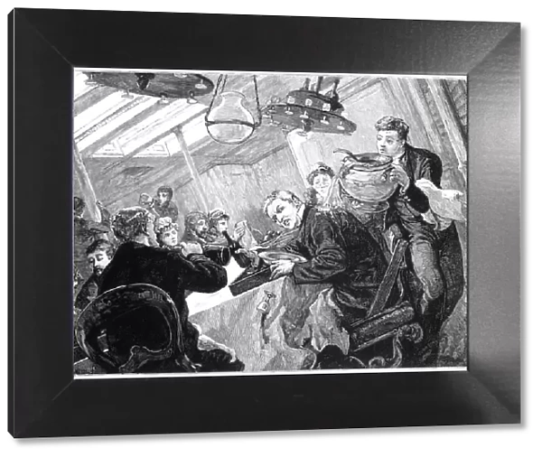 Dinner time in the first class dining saloon of an Atlantic steamer on a stormy day, c1890
