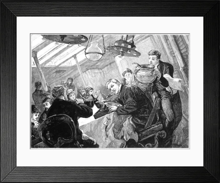 Framed Print : Dinner time in the first class dining saloon of an Atlantic steamer on a stormy day, c1890 Framed Print : Dinner time in the first class dining saloon of an Atlantic steamer on a stormy day, c1890