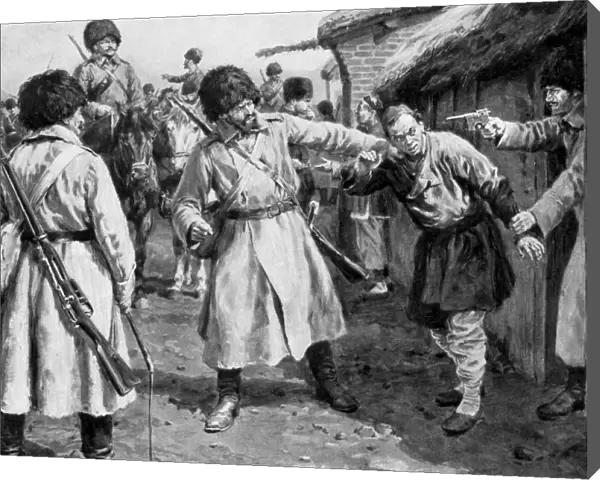 Cossacks searching for Japanese spies in a Manchurian village, Russo-Japanese War, 1904-5