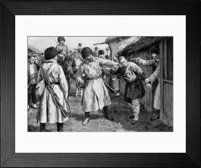 Framed Print : Cossacks searching for Japanese spies in a Manchurian village, Russo-Japanese War, 1904-5 Framed Print : Cossacks searching for Japanese spies in a Manchurian village, Russo-Japanese War, 1904-5