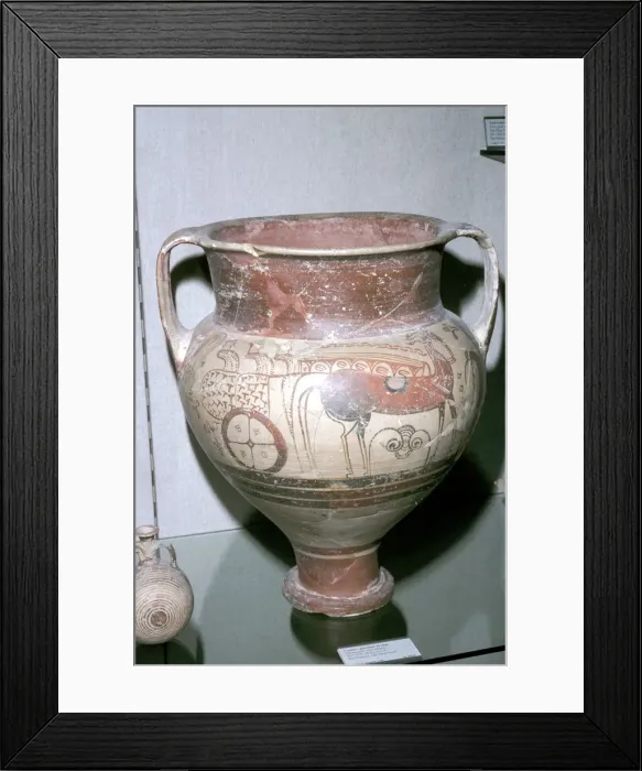 Framed Print : Mycenaean crater with warriors in a chariot motif, Ras Shamra, Syria, c14th - 13th century BC Framed Print : Mycenaean crater with warriors in a chariot motif, Ras Shamra, Syria, c14th - 13th century BC
