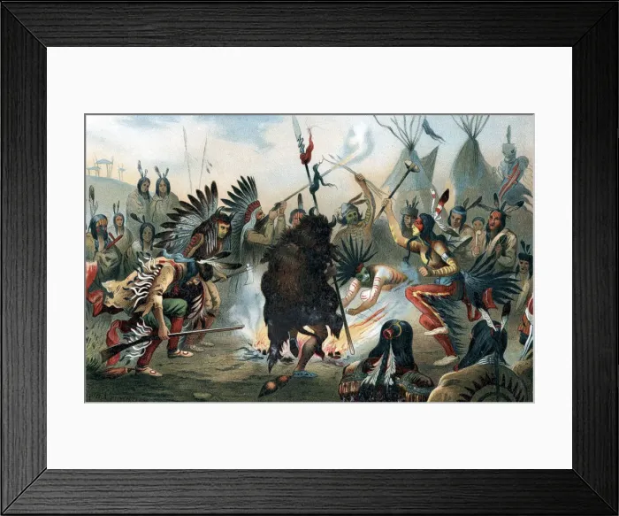 Framed Print : Oleograph of a Sioux war dance, c1890