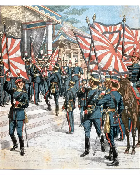Emperor of Japan presenting colours to Japanese regiments, 1904