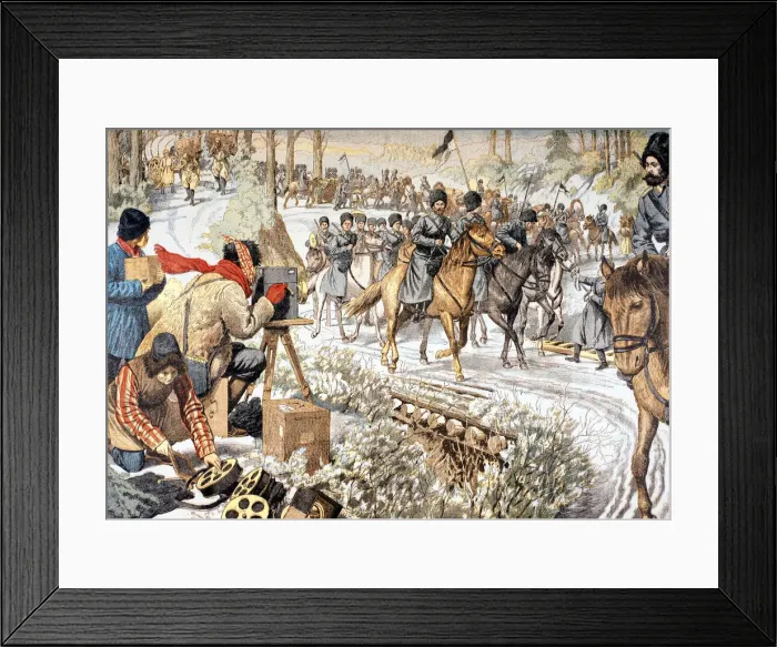 Framed Print : Cameraman from filming Russian troops in Manchuria for an early newsreel, Russo-Japanese War, 1904 Framed Print : Cameraman from filming Russian troops in Manchuria for an early newsreel, Russo-Japanese War, 1904