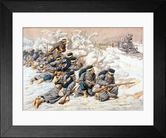 Framed Print : Japanese firing on Russian Red Cross train, Russo-Japanese War, 1904 Framed Print : Japanese firing on Russian Red Cross train, Russo-Japanese War, 1904