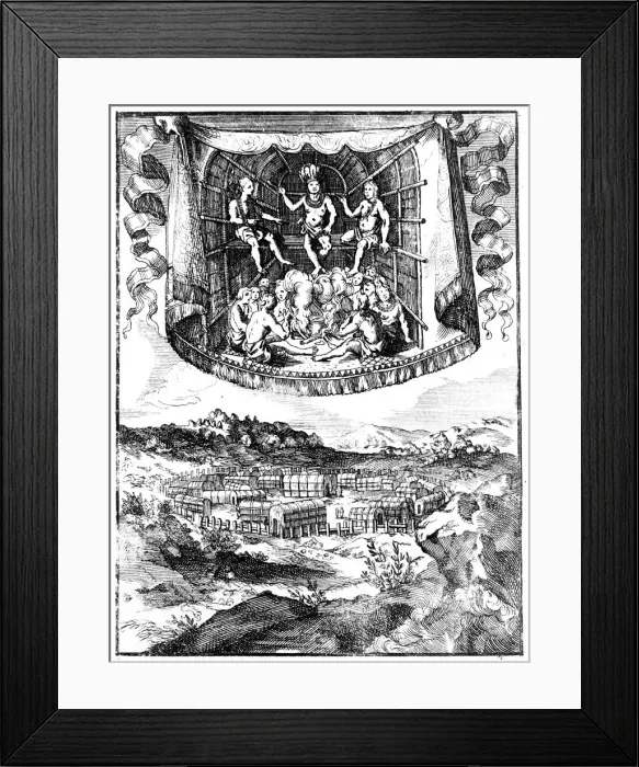 Framed Print : Chief Wahunsonacock smoking in his hut, 1686 Framed Print : Chief Wahunsonacock smoking in his hut, 1686