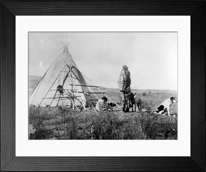 Framed Print : Cree North American Indian outside tepee, c1885-1890 Framed Print : Cree North American Indian outside tepee, c1885-1890