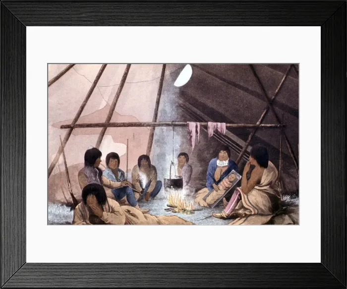 Framed Print : Interior of Cree Indian tent, 1823. Artist: John Franklin Framed Print : Interior of Cree Indian tent, 1823. Artist: John Franklin