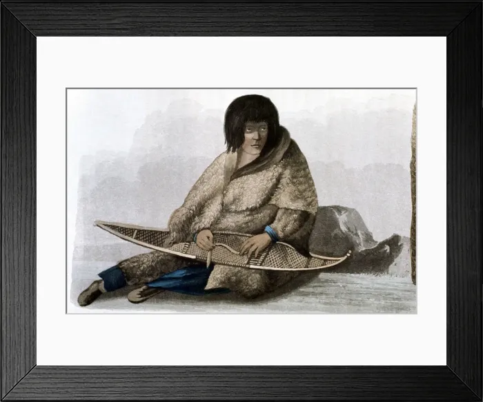 Framed Print : Copper Indian girl mending snow shoe, 1823. Artist: John Franklin Framed Print : Copper Indian girl mending snow shoe, 1823. Artist: John Franklin