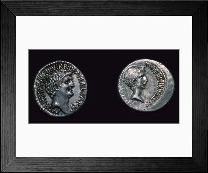 Framed Print : Late republican denarii with Mark Antony and Augustus Caesar, 1st century BC Framed Print : Late republican denarii with Mark Antony and Augustus Caesar, 1st century BC