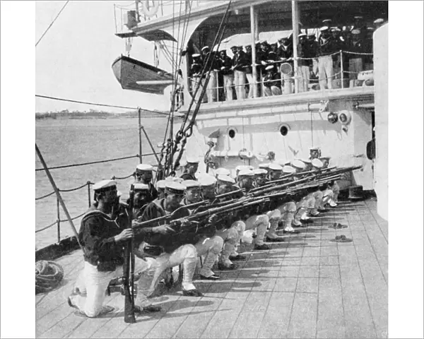 Japanese marines drilling on board the warship Mikasa, Russo-Japanese War, 1904-5