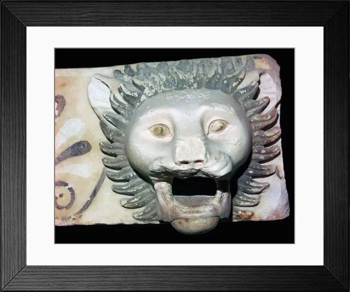 Framed Print : Marble fragment of a lions head gargoyle, 5th century BC Framed Print : Marble fragment of a lions head gargoyle, 5th century BC