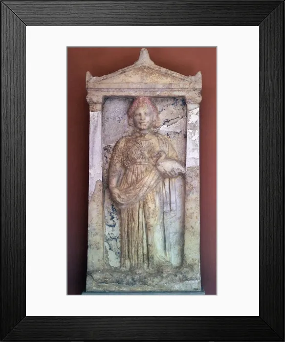 Framed Print : Greek stele of a girl holding a bird, 4th century BC Framed Print : Greek stele of a girl holding a bird, 4th century BC