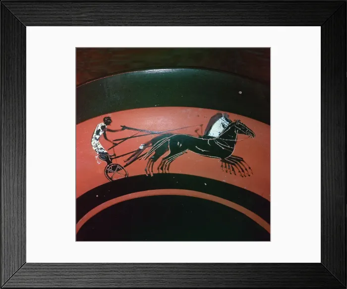 Framed Print : Depiction of chariot-racing on an Attic kylix, 6th century BC Framed Print : Depiction of chariot-racing on an Attic kylix, 6th century BC
