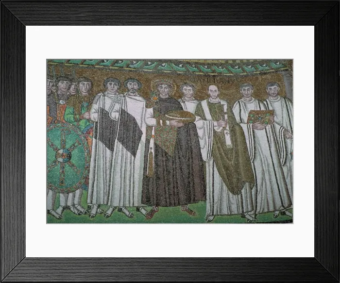 Framed Print : Mosaic of the Byzantine Emperor Justinian I and his court, 6th century Framed Print : Mosaic of the Byzantine Emperor Justinian I and his court, 6th century