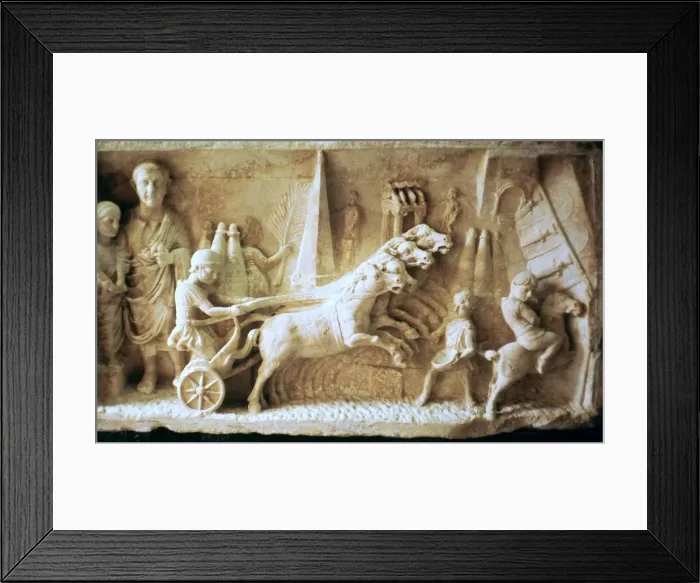 Framed Print : Roman relief of a chariot race