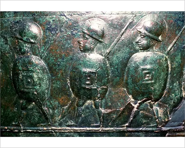 Detail of a bronze situala with Etruscan soldiers, 5th century BC
