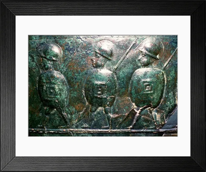 Framed Print : Detail of a bronze situala with Etruscan soldiers, 5th century BC Framed Print : Detail of a bronze situala with Etruscan soldiers, 5th century BC
