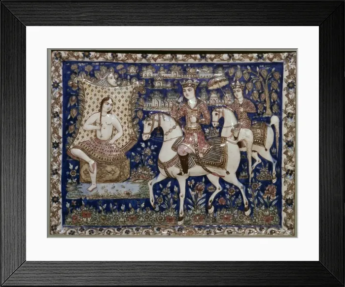 Framed Print : Persian tile depcting Kushrau seeing Shirin bathing, 19th century Framed Print : Persian tile depcting Kushrau seeing Shirin bathing, 19th century