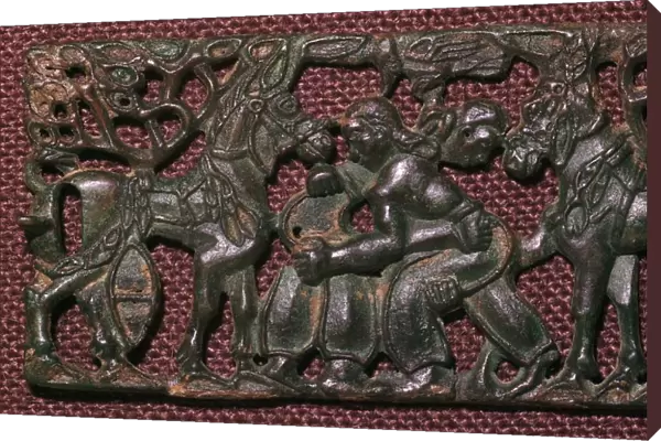 Chinese bronze harness-plaque of wrestling men, 5th century BC