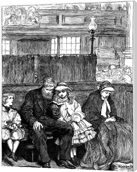 Family at Sunday chruch service in their Box Pew, London, 1862
