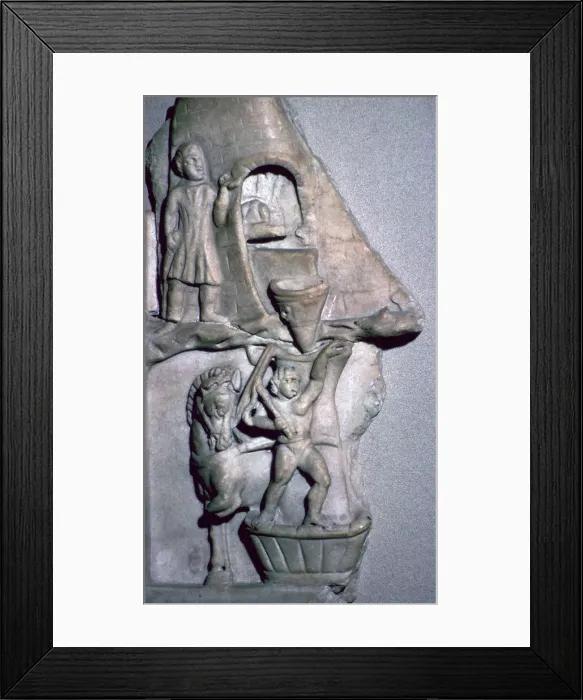 Framed Print : Roman marble relief of a bakers oven and corn mill Framed Print : Roman marble relief of a bakers oven and corn mill