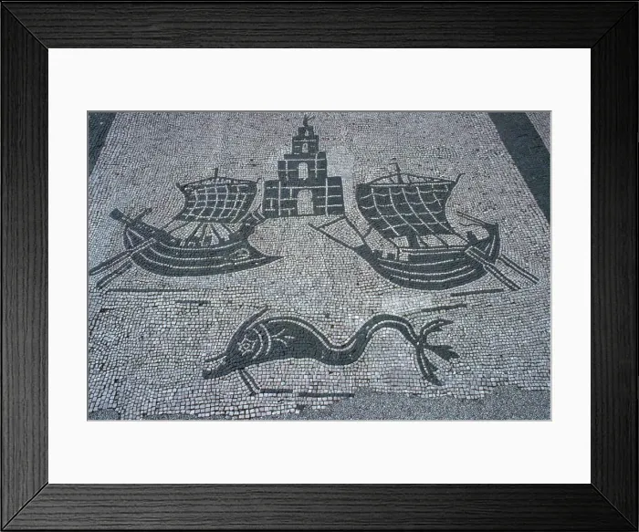 Framed Print : Roman mosaic of two ships, a light house, and a dolphin, 2nd century Framed Print : Roman mosaic of two ships, a light house, and a dolphin, 2nd century