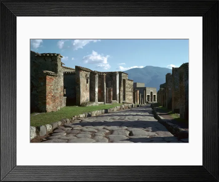 Framed Print : Street scene in Pompeii with Vesuvius in the background, 1st century Framed Print : Street scene in Pompeii with Vesuvius in the background, 1st century