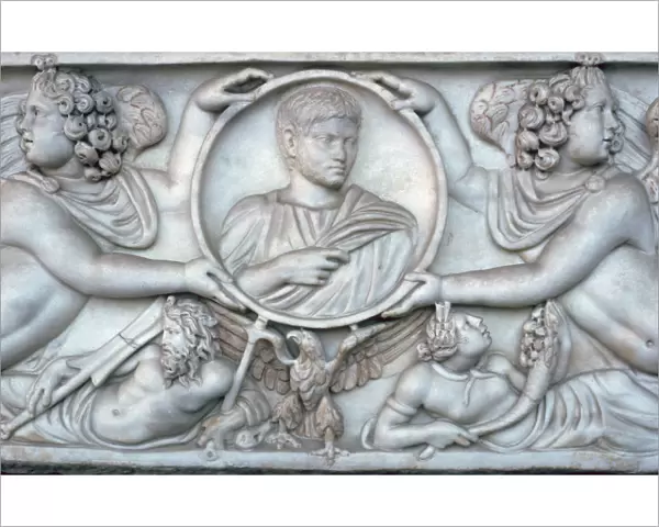 Detail of a Roman sarcophagus of a young man