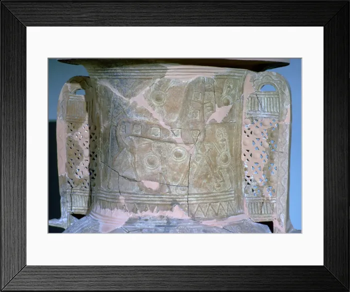 Framed Print : Funerary vase with a relief decoration of the horse of Troy, 7th century BC Framed Print : Funerary vase with a relief decoration of the horse of Troy, 7th century BC