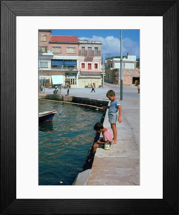 Framed Print : Children fishing in the harbour of Khania Framed Print : Children fishing in the harbour of Khania