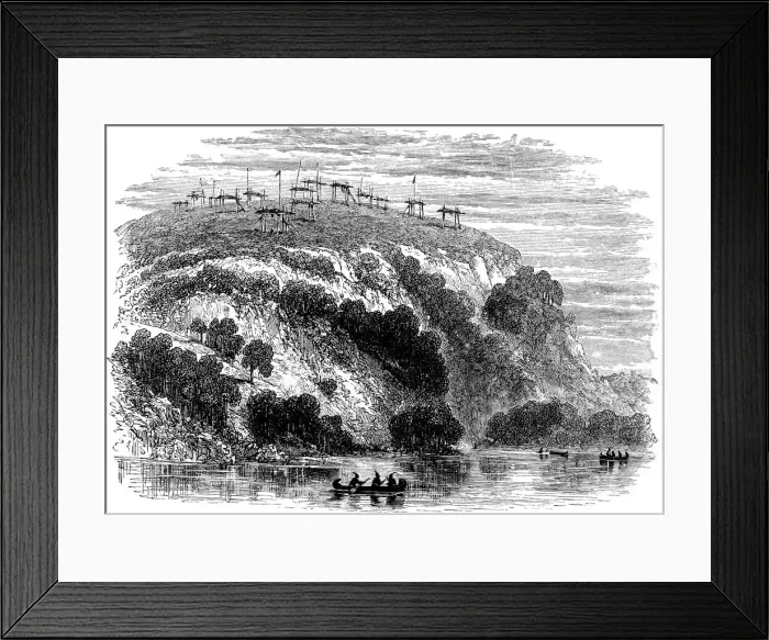 Framed Print : Native North American burial ground, showing the dead on raised platforms, 1876 Framed Print : Native North American burial ground, showing the dead on raised platforms, 1876