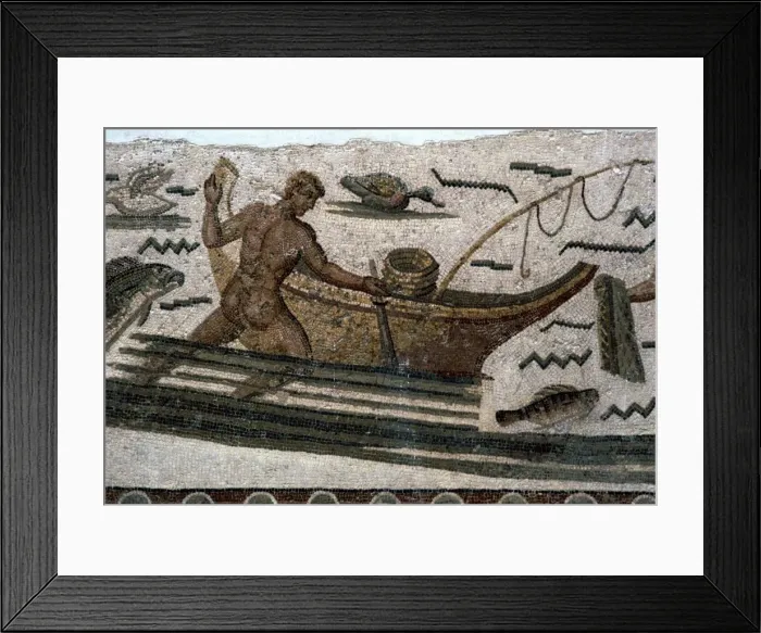 Framed Print : Roman mosaic of a fishing boat, 2nd century Framed Print : Roman mosaic of a fishing boat, 2nd century