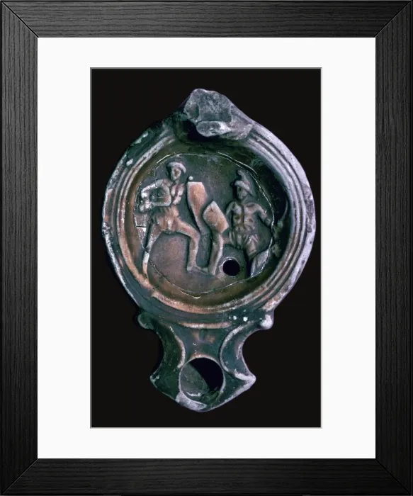 Framed Print : Roman clay lamp with design of gladiators, 3rd century Framed Print : Roman clay lamp with design of gladiators, 3rd century