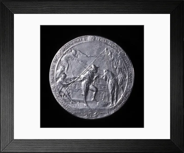 Framed Print : Medal showing Henry Hudson ascending the Hudson River to Albany in 1609 Framed Print : Medal showing Henry Hudson ascending the Hudson River to Albany in 1609
