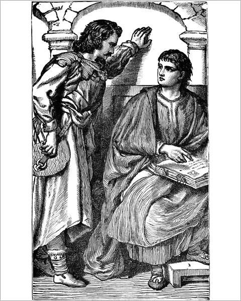 Waldenses missionary  /  troubador showing his vernacular Bible, c1170