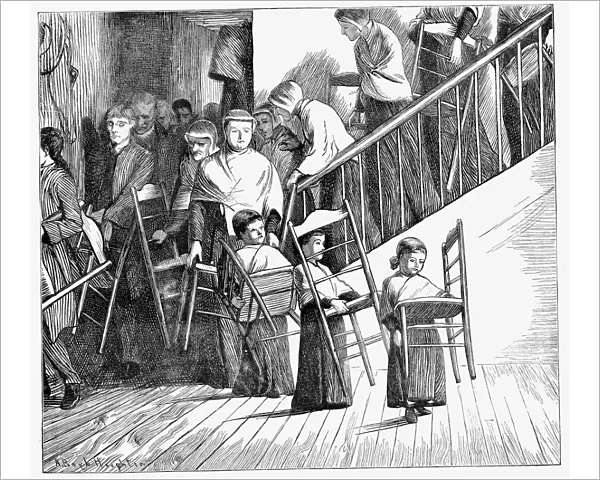Shaker community going to dinner, each carrying their own Shaker chair, New York State, 1870