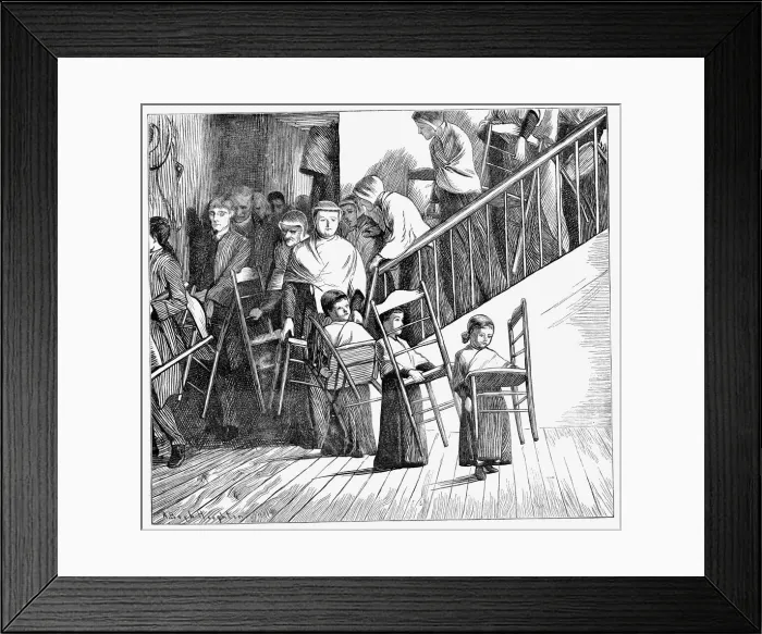 Framed Print : Shaker community going to dinner, each carrying their own Shaker chair, New York State, 1870 Framed Print : Shaker community going to dinner, each carrying their own Shaker chair, New York State, 1870