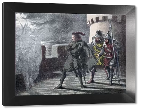 Hamlet seeing his fathers ghost on the battlements of Elsinore Castle. Artist: Robert Dudley