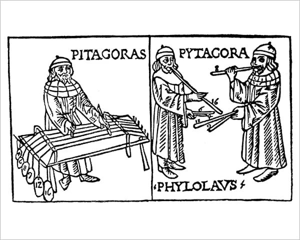 Pythagoras (560-480 BC), Greek philosopher and scientist, demonstrating mathematical relationships